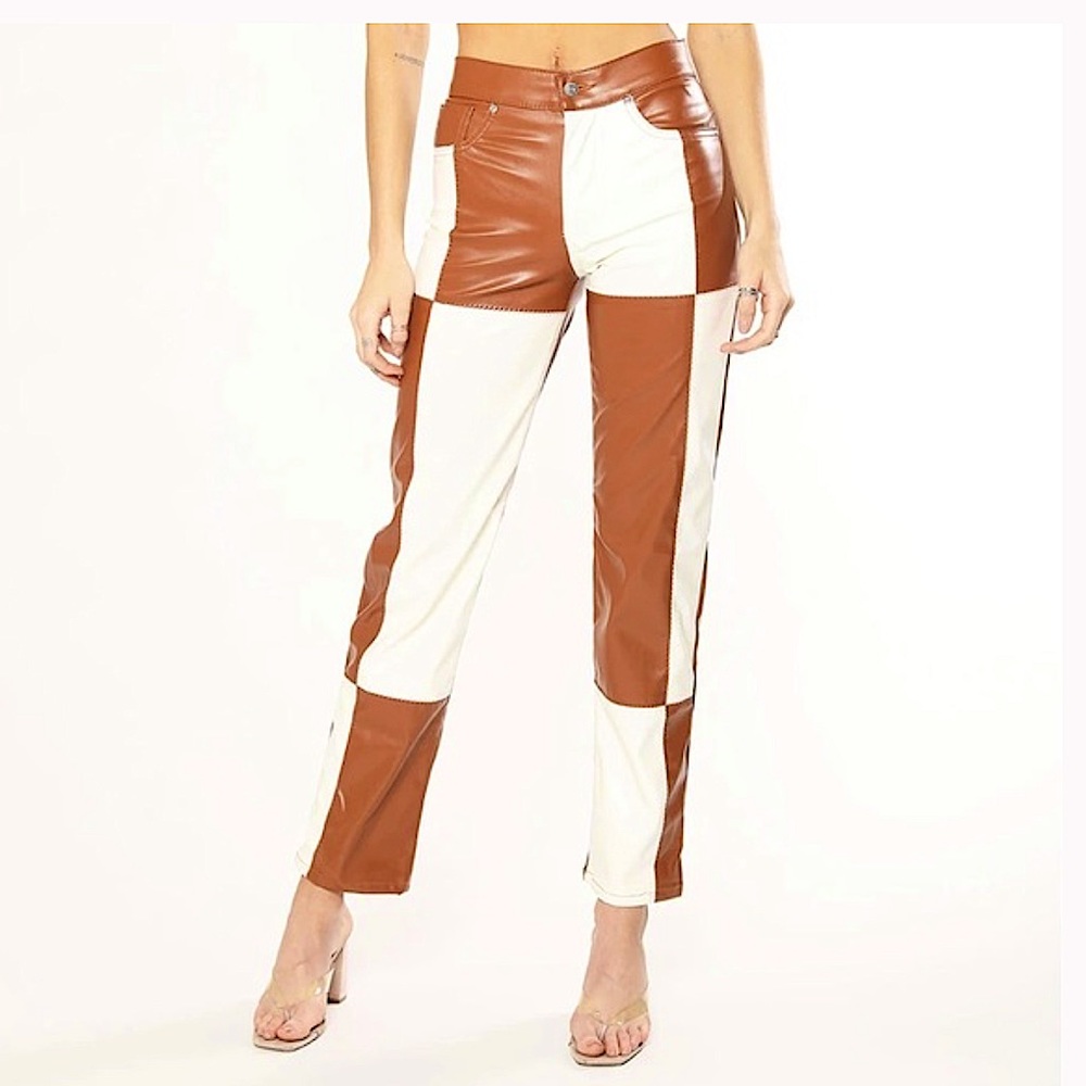 REVICE Brown and Cream Patchwork Faux Leather Flare Pants
